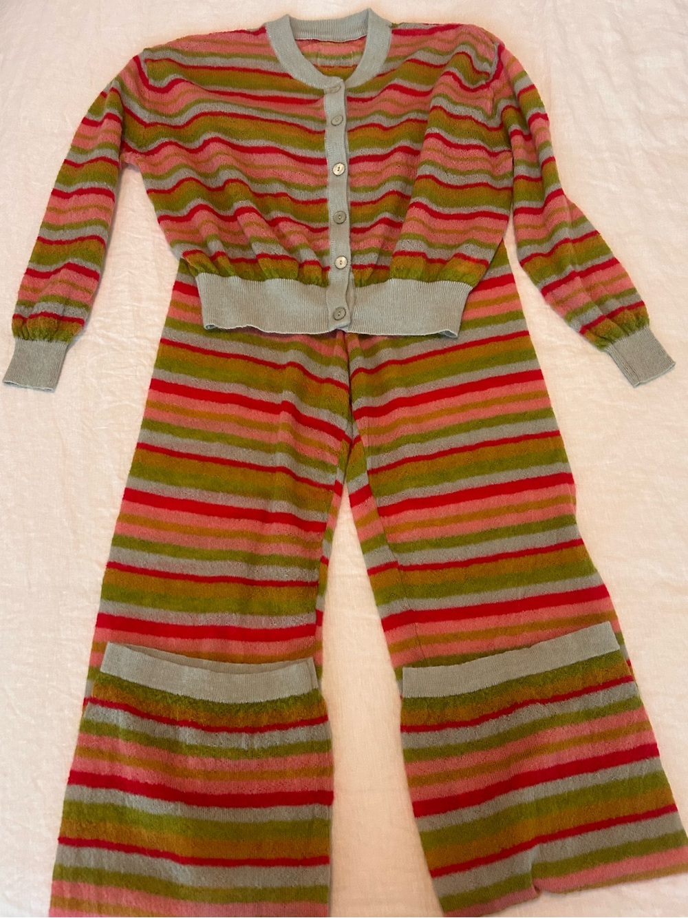 Daily Drills Striped Knit Cardigan and Pants Set Jumpsuit Pink & Green Small
